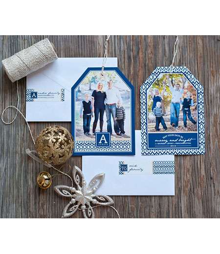 Navy, Gold and White Ikat Holiday New Years Photo Hangtag Card 